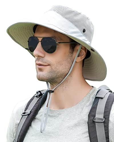 Koreshion Mens Womens Sun Hat Wide Brim Breathable Mesh UPF 50+ Bucket Hat Waterproof Fishing Hat Quick-Drying Safari Hat Foldable Boonie Cap Outdoor Sun Protection Cap Light Gray