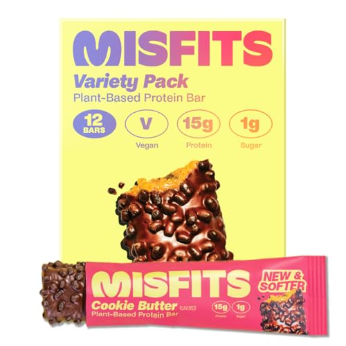 Misfits Vegan Protein Bar, Variety Pack, Plant Based Chocolate Protein Bars, High Protein Snacks for Adults with 15g Plant Protein Per Bar, Low Carb, 1g Sugar, High Fiber, Healthy Snack Food, Mixed Flavors 12 Pack