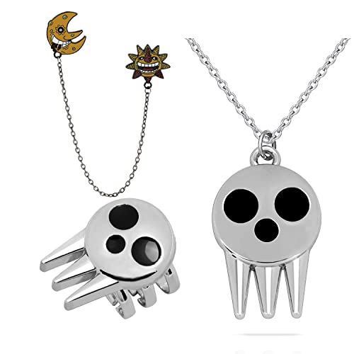 VNYIGDJS 3 Pcs Soul Eater Necklace Ring Pins Set Anime Cosplay Jewelry Ghost Pendant Evil Sun And Moon Enamel Pins For Backpack