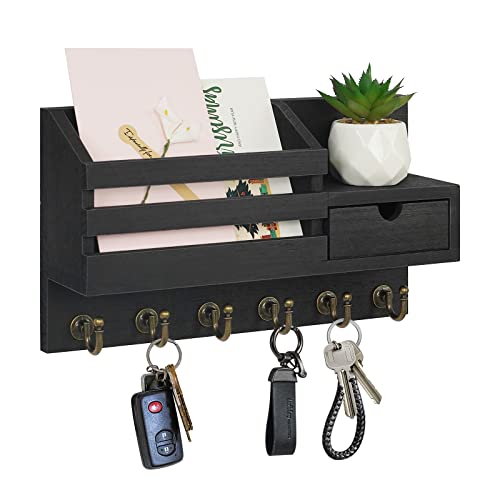 FifthQuarter Key and Mail Holder for Wall, Mail Organizer Wall Mount with 6 Hooks and Storage Drawer, Easy Installation Key Rack for Entryway and Home Decor (A-Black)