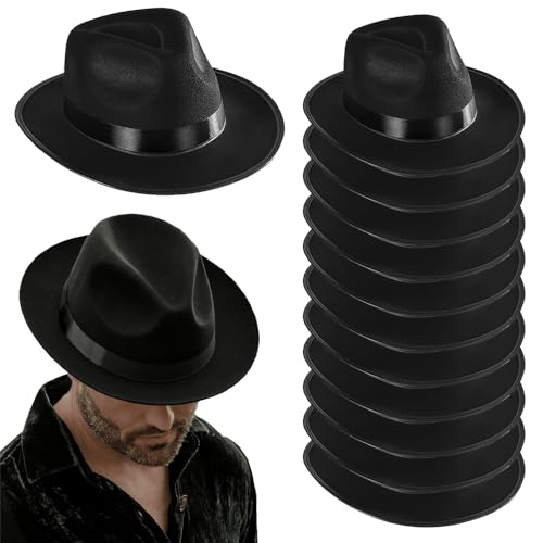 Funny Party Hats Black Fedora Gangster Hat Costume Accessory - Pack of 12