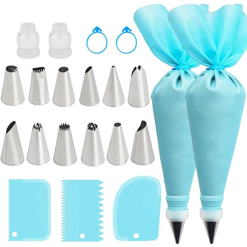 Piping Bags and Tips Set, Reusable Cake Decorating Supplies with 2 Reusable Bags, 12 Icing Tips, 2 Silicone Rings, 2 Couplers and 3 Scrapers, Cake Baking Tools for Cookie Icing Cupcakes