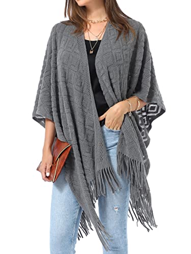 Soul Young Knit Shawl Wrap for Women Ladies Fringe Poncho Blanket Cardigan Cape(One Size,Rhombus Grey)