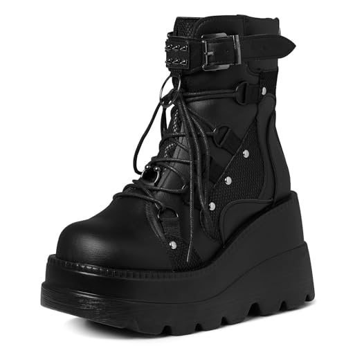 Tscoyuki Platform Ankle Boots for Women Chunky High Heel Booties Goth Round Toe Combat Boots Women Lace Up Motorcycle Wedges
