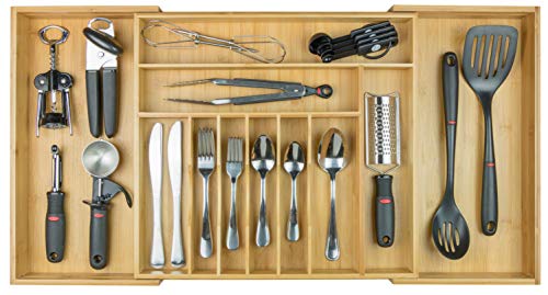 KitchenEdge Premium Silverware, Flatware and Utensil Organizer for Kitchen Drawers, Expandable to 33 Inches Wide, 11 Compartments, 100% Bamboo