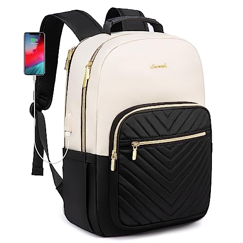 LOVEVOOK Laptop Backpack for Women, 15.6 Inch Backpack Purse with USB Port, Waterproof Travel Business Work Laptop Bag, Fashion Doctor Professor Nurse Backpack, Beige-Black
