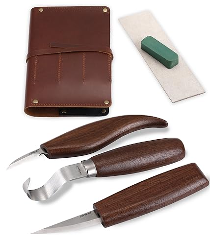 JOYBEAU Deluxe Wood Carving Kit with Cow Leather Case, Wood Carving Tools Set, Woodworking Kit - Wood Carving Knives, Hook Knife Wood Carving Whittling Knife Set