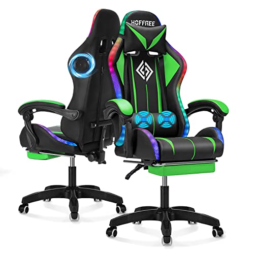 Gaming Chair Massage with Bluetooth Speakers and Lights Ergonomic Computer Game Chair with Footrest LED RGB Lights High Back Music Video Game Chair with Lumbar Support Green and Black