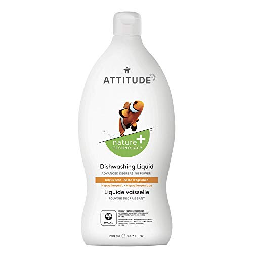 ATTITUDE Dishwashing Liquid, EWG Verified, Vegan Dish Soap, Plant Based, Naturally Derived Products, Citrus Zest, 23.7 Fl Oz