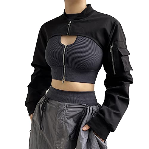 Ypser Reflective Rave Top Crop Top Shrug Techwear Shirt Rave Outfits for Women Black