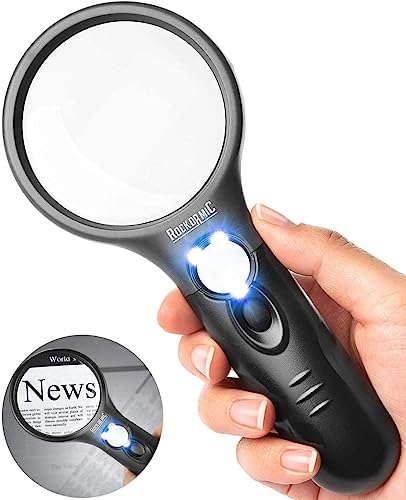 RockDaMic Professional Magnifying Glass with Light (3X / 45x) Large Lighted Handheld Glass Magnifier Lupa for Reading, Jewelry, Coins, Stamps, Fine Print