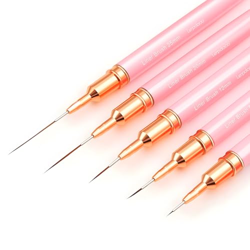 Komall Nail Art Liner Brushes, 5Pcs Painting Nail Art Brush Set Nail Dotting Drawing Tool for Long Lines, Thin Details, Fine Drawing Sizes 4/8/12/20/25mm(Pink)