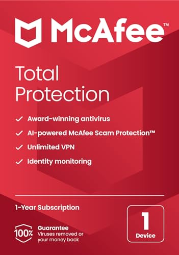 McAfee Total Protection 2024 | 1 Device | Antivirus Internet Security Software | VPN, Password Manager, Dark Web Monitoring | Amazon Exclusive | 1 Year Subscription | Key Card