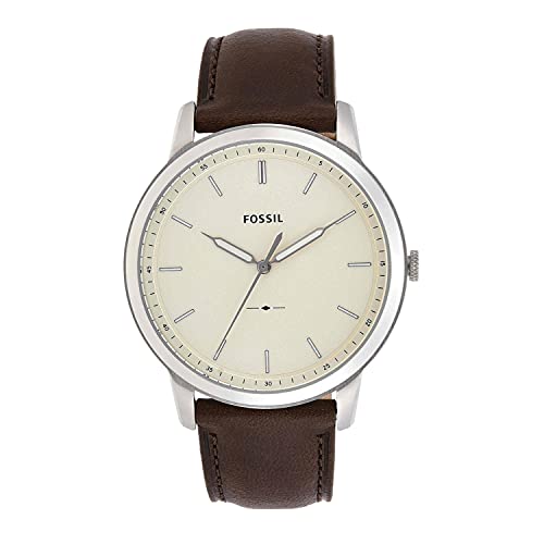 Fossil Men's Minimalist Quartz Stainless Steel and Leather Three-Hand Watch, Color: Silver, Brown (Model: FS5439)