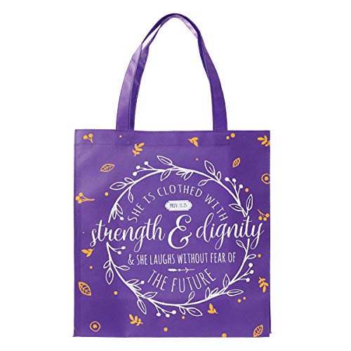 Christian Art Gifts Reusable Shopping Tote Bag for Women: Strength & Dignity - Proverbs 31:25 Inspirational Bible Verse, Easy-hold Collapsible Handbag for Groceries & Books, Golden Leaves, Purple