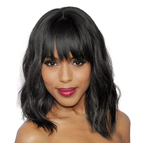 forfeels Short Wavy Black Wig with Bangs Bob Short Charming Curly Wavy Wig Women Synthetic Natural Looking Heat Resistant Fiber Hair for Women (14inch)