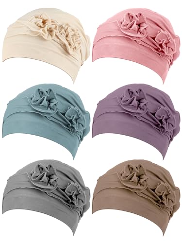 JenPen 6 Pieces Women Turban Flower Caps Chemo Headwear Cap Vintage Soft Turbans Beanies Headscarf Elastic Headwrap Hat (Bright Color,Delicate Style)