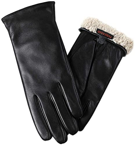 FEIQIAOSH Winter Leather Gloves for Women, Premium Sheepskin Warm Gloves for Cold Weather, Fleece Lining Touch Screen Glove