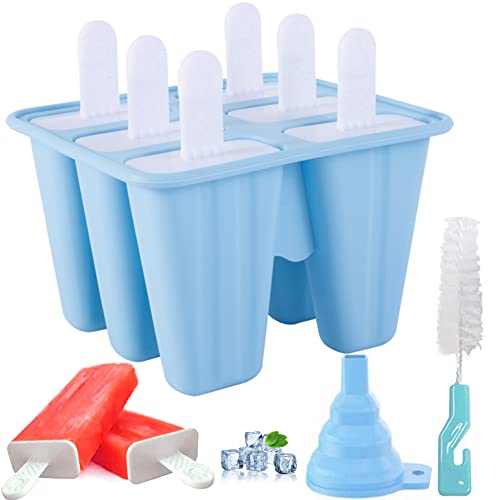 SSydl Silicone Popsicle Molds, 6 Pieces Ice Pop Molds, BPA Free Popsicle Mold Reusable Easy Release Ice Pop Maker, Popsicle Mould with Cleaning Brush & Silicone Funnel, Popsicle Molds Blue