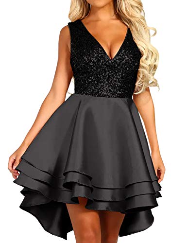 Lrady Women's Sequin Glitter V Neck Skater Mini Club Cocktail Party Swing Dress, Black, Medium