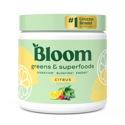 Bloom Nutrition Greens and Superfoods Powder for Digestive Health, Greens Powder with Digestive Enzymes, Probiotics, Spirulina, Chlorella for Bloating and Gut Support, Green Juice Mix, 30 SVG, Citrus