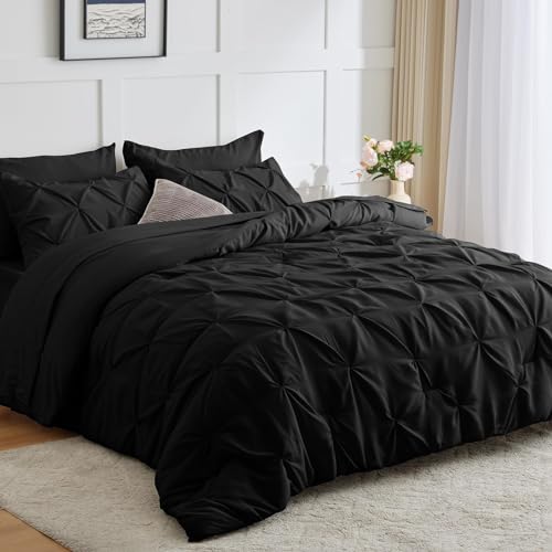 HIMEET Queen Bed in a Bag Set 7 Pieces Bedding Set Pintuck Queen Bed Comforter Set Pinch Pleat Queen Size Bed in a Bag Black