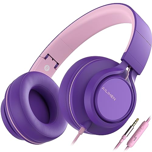 AILIHEN C8 Girls Headphones, On-Ear Headphones Wired with Microphone and Volume Control Foldable Corded Stereo 3.5mm Headset for Girls School Chromebook Laptop Computer PC Tablets Travel (Purple Pink)