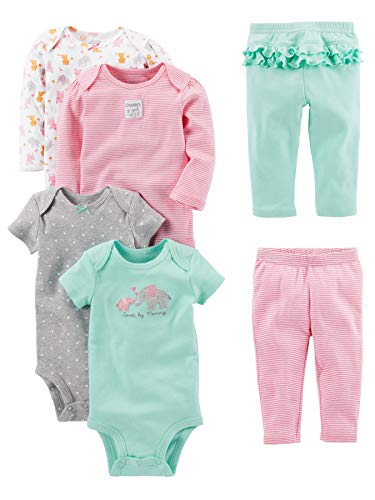 Simple Joys by Carter's Baby Girls' 6-Piece Bodysuits (Short and Long Sleeve) and Pants Set, Aqua Green Elephant/Grey Dots/Pink Stripe/White Forest Animals, 0-3 Months