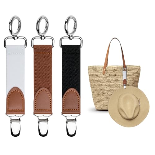 Nearockle 3 Pieces Hat Clips for Travel Handbag Backpack Luggage, Elastic Cap Clips Hat Companion for Women, Kids, Adults, Outdoor Travel Accessory Chains (Black,White,Brown)