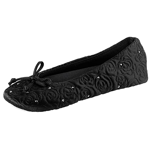 isotoner womens Ballerina Slippers With Terry Lined and Rose Quilt Ballet Flat, Black, 9-Aug US