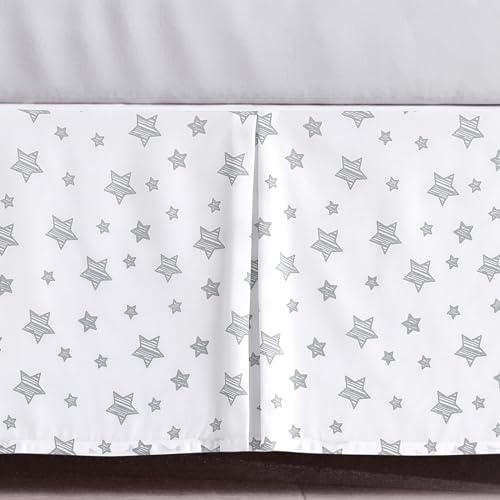 Crib Skirt Boy Girl Pleated Dust Ruffle Machine Washable, 14' Drop, Toddler Crib Bed Skirt White with Grey Star, Microfiber Nursery Standard Crib Bedding Skirt