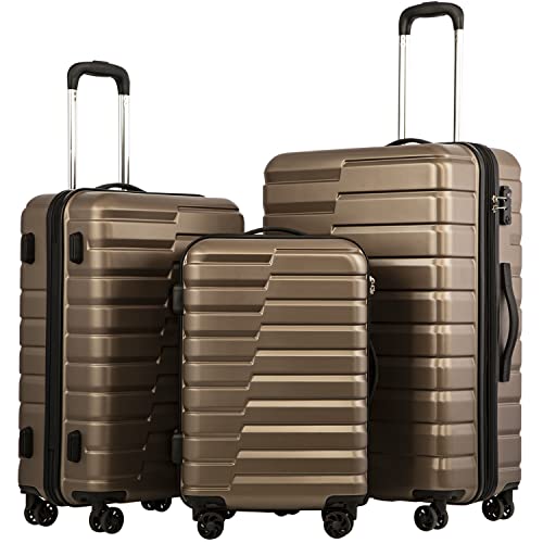 Coolife Luggage Expandable Suitcase set PC ABS TSA Lock Spinner Carry on 3 Piece Sets (brown)
