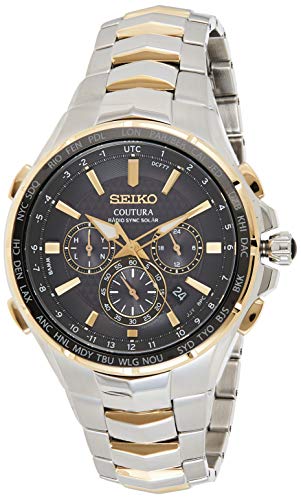 SEIKO Solar Chronograph Watch - Coutura Collection, Two-Tone Steel, Black Dial, Lumibrite Hands & Markers, Date Calendar