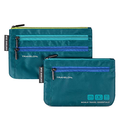 Travelon World Travel Essentials Set Of 2 Currency and Passport Organizers, Peacock Teal