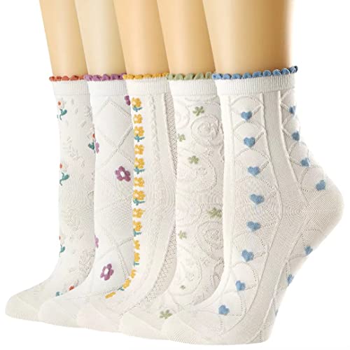 albagu Womens Crew Socks Cotton Casual Socks for Women Cute Girls White Socks 5 Pack