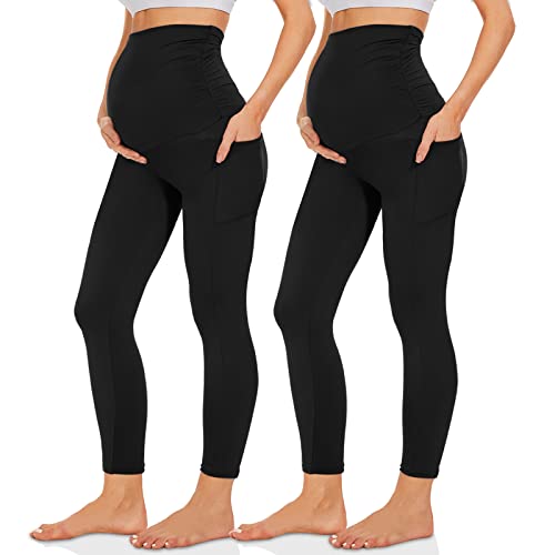 QGGQDD 2 Pack Maternity Leggings Over The Belly with Pockets, Womens Black High Waisted Workout Pregnancy Pants