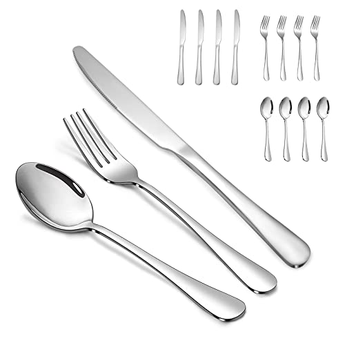 SANTUO Stainless Steel Knives Spoon Forks Set of 12, 4-Piece 9' Dinner Knives + 4-Piece 7.3' Table Spoons + 4-Piece 7.3' Salad Forks, Mirror Polished & Dishwasher Safe Silverware Set
