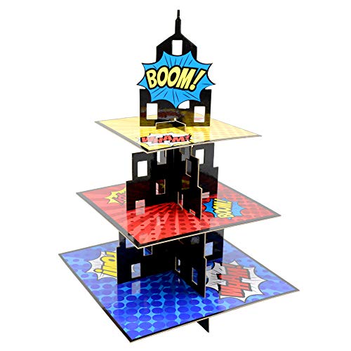 KALEFO Superhero Party Supplies Cake Stand 3 Tier Cupcake Stand Superhereo Party Favors Mini Cupcake Stand for Birthday Party Decorations