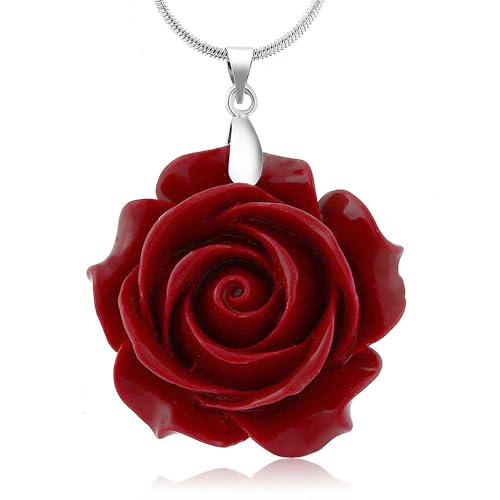 Gem Stone King 35MM Red Simulated Coral Carved Rose Flower Pendant With 16 Inch + 2 Inch Extender Chain
