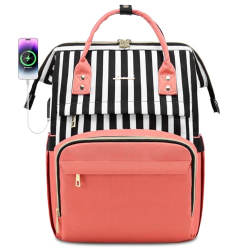 LOVEVOOK Laptop Backpack for Women,15.6 Inch Professional Womens Travel Backpack Purse Computer Laptop Bag Nurse Teacher Backpack,Waterproof Work Bags Carry on Back Pack with USB Port,Stripe Pink