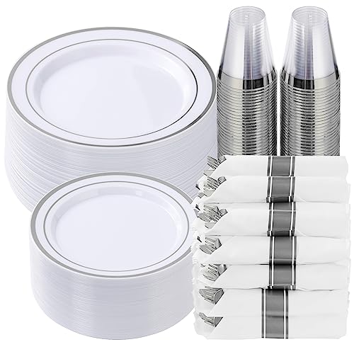Goodluck 350 Piece Silver Plastic Dinnerware Set for 50 Guests, Fancy Disposable Plates for Party, Include: 50 Dinner Plates, 50 Dessert Plates, 50 Pre Rolled Napkins with Silver Silverware, 50 Cups
