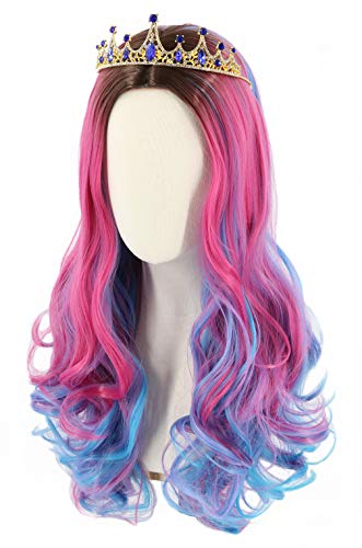 Topcosplay Kids Child Girls Wig Long Wavy Pink Mixed Blue Halloween Costume Party Wig Black Roots