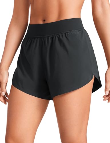 CRZ YOGA Mid Waisted Dolphin Athletic Shorts for Women Lightweight High Split Gym Workout Shorts with Liner Quick Dry Black Medium