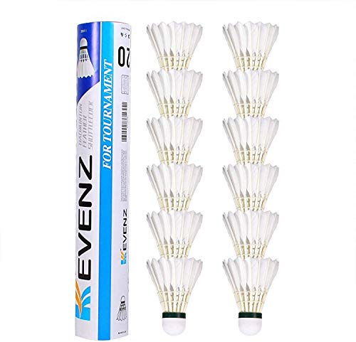 KEVENZ Goose Feather Badminton Shuttlecocks with Great Stability and Durability, High Speed Badminton Birdies,Pack of 12, White