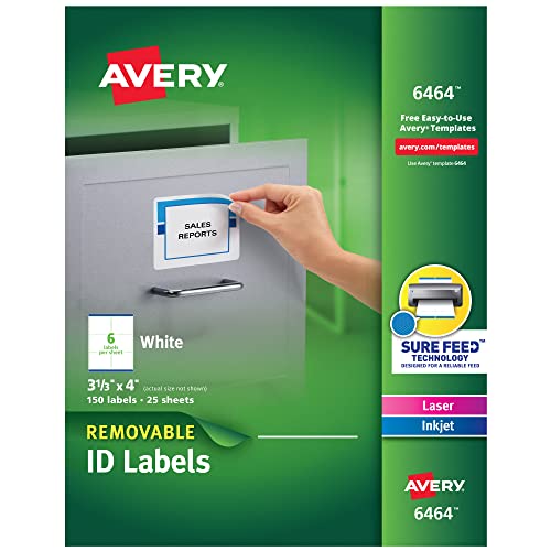 Avery Removable ID Labels, Sure Feed Technology, Removable Adhesive, 3-1/3' x 4', 150 Labels (6464)