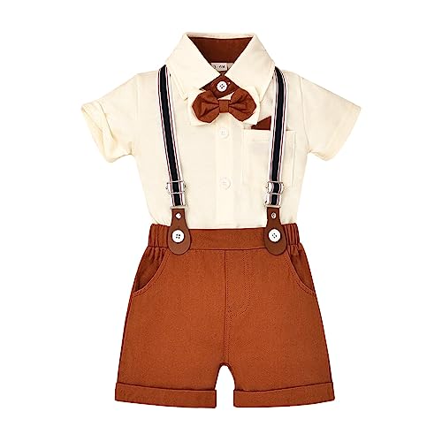 DOMOABEI 6 Months Baby Boys Clothing Formal Suit Gentleman Outfits with Bowtie Romper Summer Short Sleeve Clothes Baby Boy Bodysuit Shirt Suspender Shorts Wedding Tuxedo Outfit Beige 6-9 Months