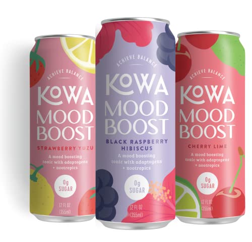 Kowa Mood Boost, 10 Calorie Soda, Adaptogen Drink, 0 Sugar, No Caffeine, Variety Pack, 12 fl oz (Pack of 12)
