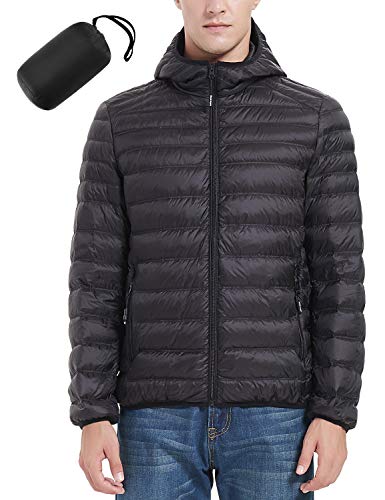 ROYAL MATRIX Men's Winter Down Puffer Jacket Packable Lightweight Hooded Down Jacket Warm Windproof Down Puffy Jacket (Black, XL)