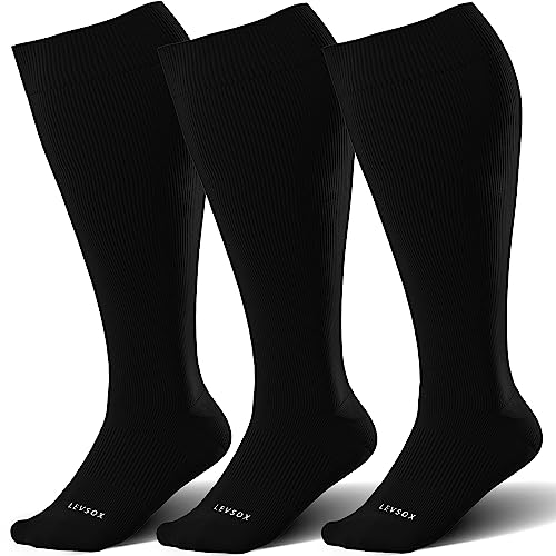 LEVSOX Plus Size Compression Socks for Women&Men Wide Calf 15-20 mmHg Knee High Extra Large Calf Support Socks for Nurse, Medical, Travel, Black