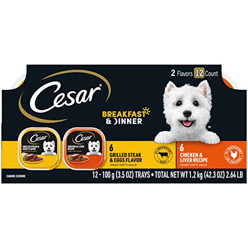 CESAR Adult Wet Dog Food Classic Loaf in Sauce Breakfast and Dinner Mealtime Variety Pack, 3.5 oz. Easy Peel Trays, Pack of 12